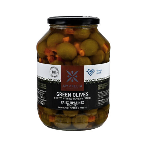 Greckie, Naturalne Oliwki Bez Konserwantów Amvrelia 1500ml - Nadziewane Czerwoną Papryką i Marchewką.